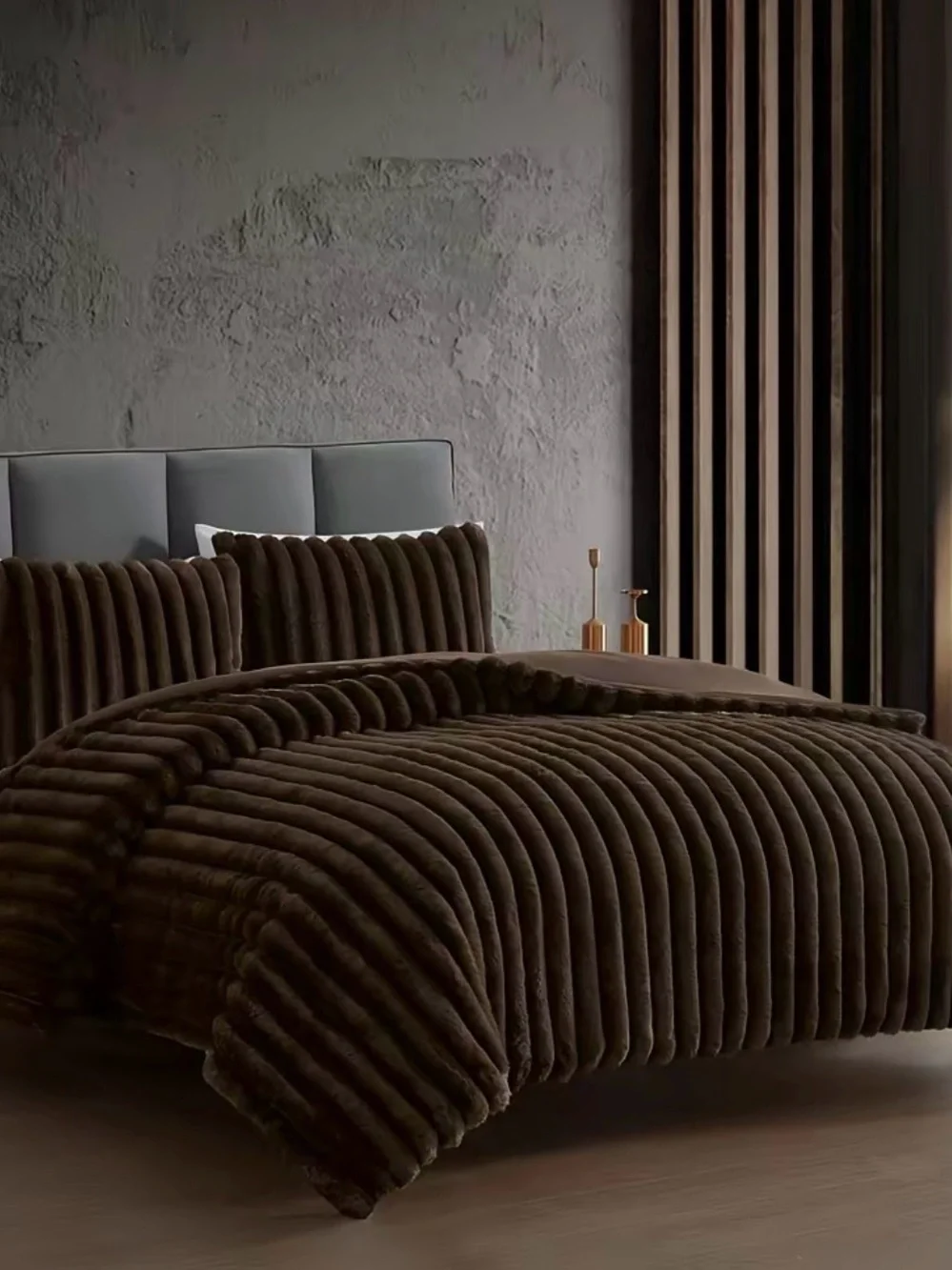 3 Piece Faux Fur Plush Ribbed Chocolate Brown Comforter Set